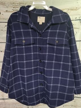 Tilley Women's XL Navy Plaid Wool Blend Shacket Jacket Overshirt